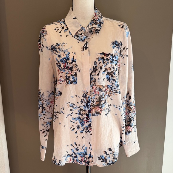 White House Black Market Tops - White House Black Market Soft Pink Floral Long Sleeve Silk Blend Shirt, Size 8